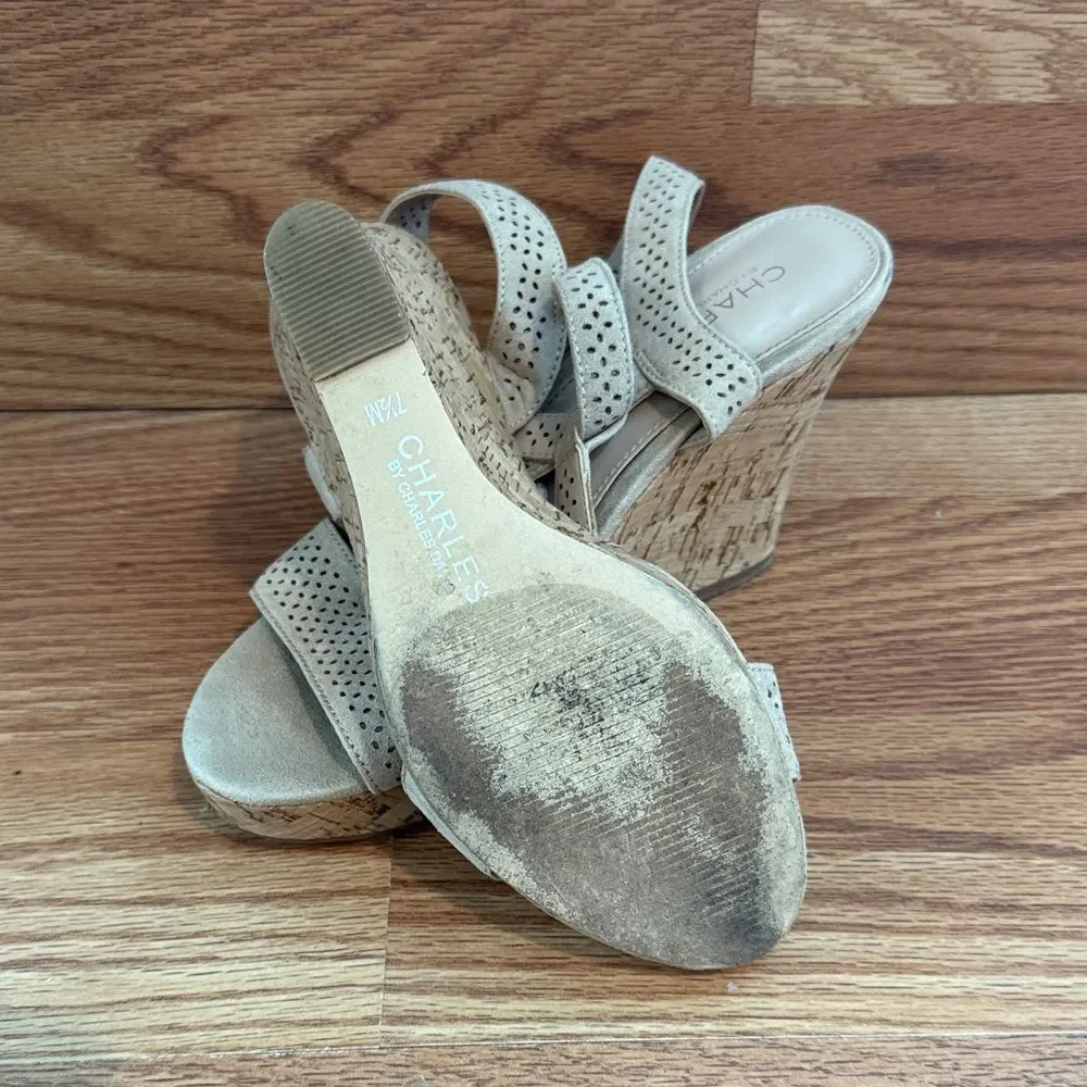 Charles by Charles David Cork Wedge Sandals Ankle Strap Beige Platform Heels 7.5